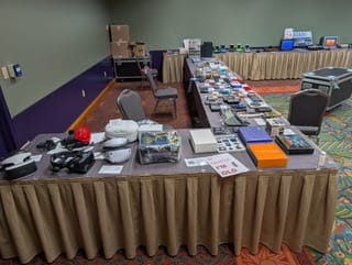 VR headsets and demo area showing the evolution of virtual reality